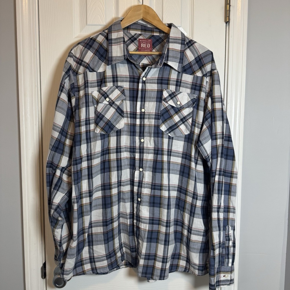 Wrangler Jeans Co Button Up Shirt Mens 2x Xxl Blue Plaid Pearl Snap Western Red